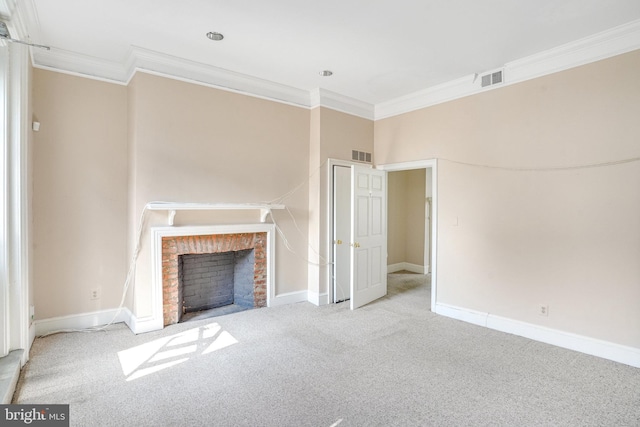 unfurnished living room featuring a brick fireplace, light colored carpet, and ornamental molding