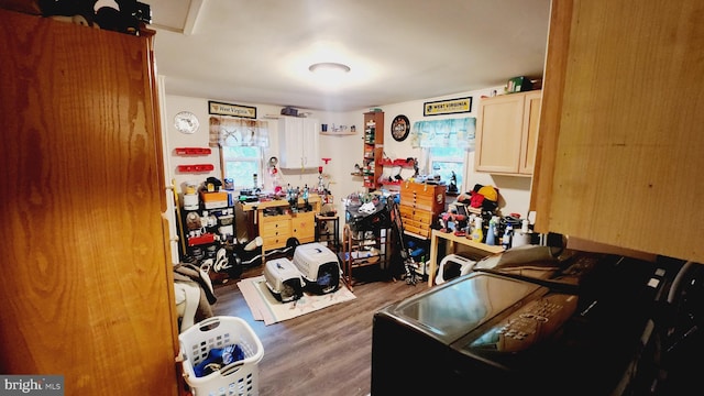 kitchen with light brown cabinetry and dark wood-type flooring