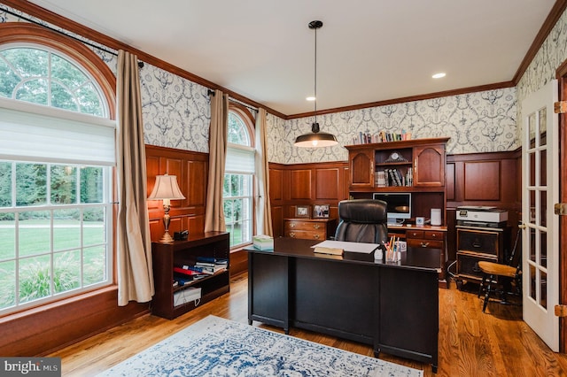 office area featuring ornamental molding and hardwood / wood-style flooring