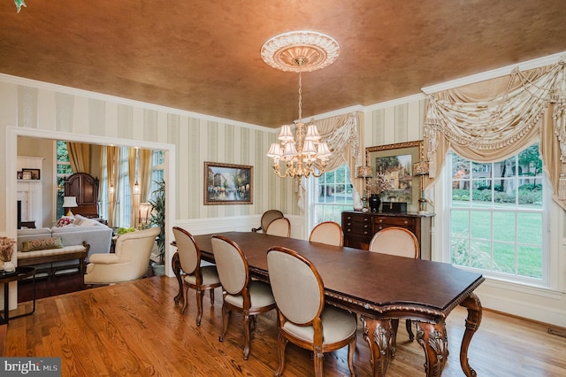 dining area featuring a healthy amount of sunlight, hardwood / wood-style flooring, and a chandelier