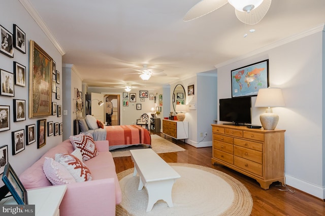 living room featuring ceiling fan, ornamental molding, and hardwood / wood-style floors