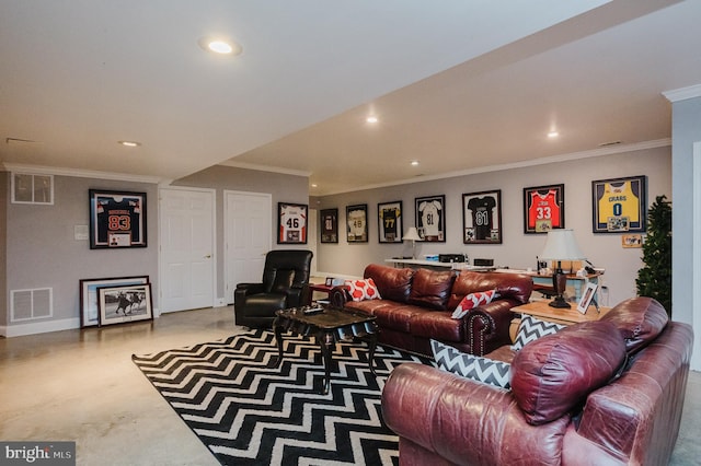 living room with ornamental molding