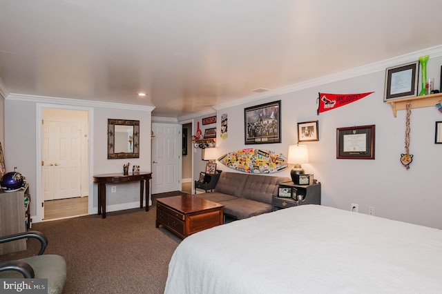 carpeted bedroom with ornamental molding