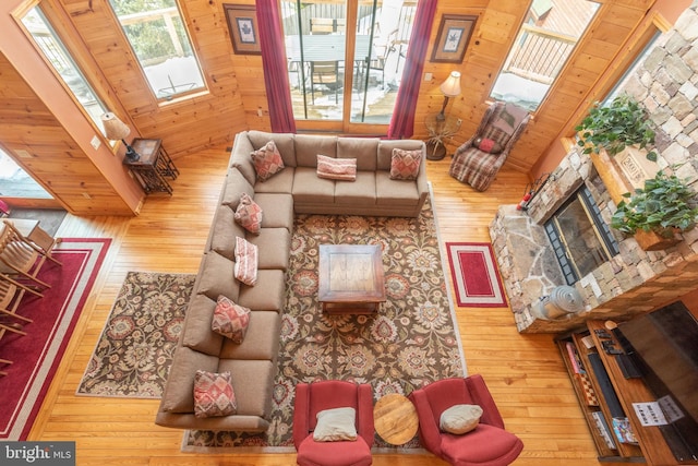79 Cedar Shores Dr, Mc Henry, MD 21541 - living area with wood walls, a skylight, a fireplace, wood ceiling, and wood-type flooring