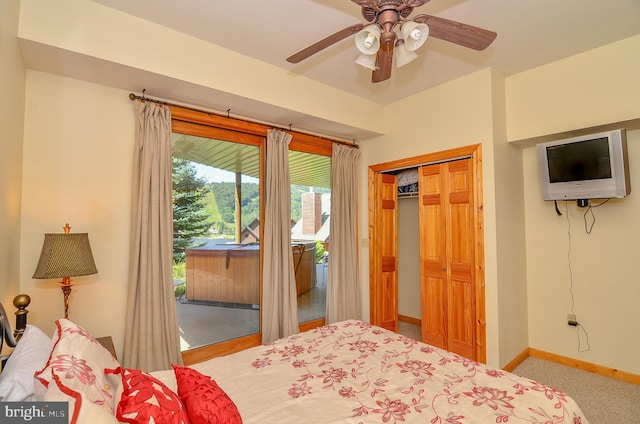 79 Cedar Shores Dr, Mc Henry, MD 21541 - carpeted bedroom with baseboards, access to exterior, a closet, and a ceiling fan