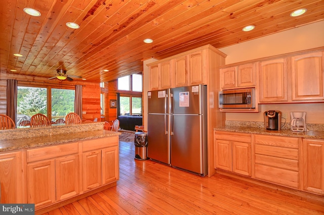 79 Cedar Shores Dr, Mc Henry, MD 21541 - kitchen featuring a ceiling fan, light wood-style floors, wooden ceiling, and stainless steel appliances