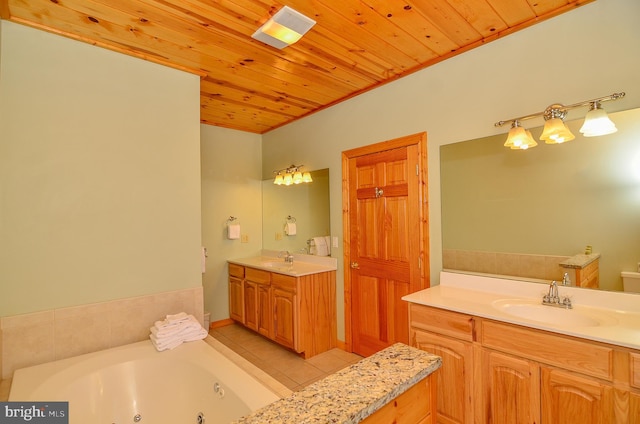 bathroom with vanity, tile patterned floors, a washtub, and wooden ceiling