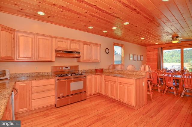 79 Cedar Shores Dr, Mc Henry, MD 21541 - kitchen with range with two ovens, wood ceiling, light brown cabinets, and under cabinet range hood