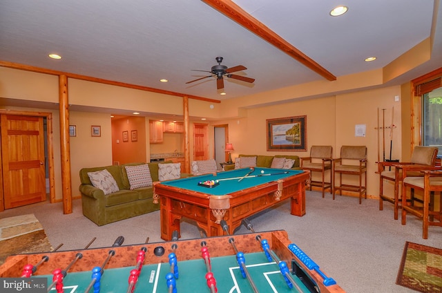 recreation room with light carpet, ceiling fan, and billiards