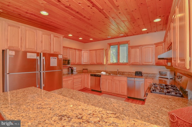 79 Cedar Shores Dr, Mc Henry, MD 21541 - kitchen with light brown cabinetry, stainless steel appliances, recessed lighting, under cabinet range hood, and wood ceiling