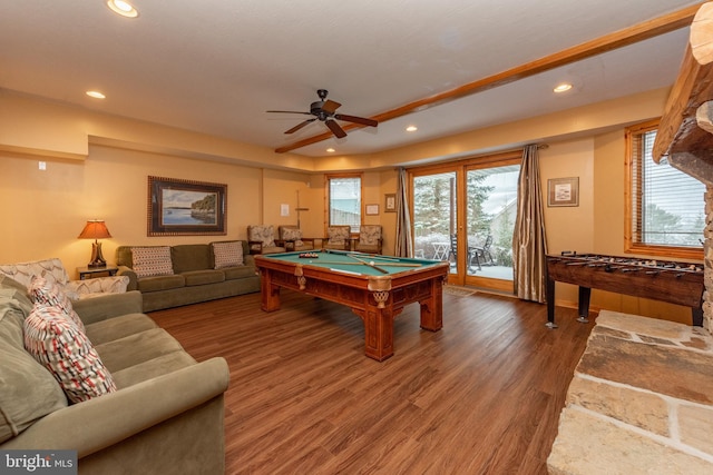 recreation room featuring pool table, hardwood / wood-style floors, and ceiling fan