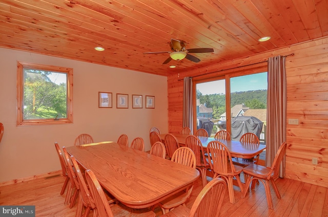 79 Cedar Shores Dr, Mc Henry, MD 21541 - dining room featuring light wood-style flooring, wood ceiling, wooden walls, and ceiling fan