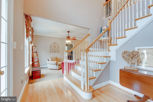 stairs featuring ornamental molding, a wealth of natural light, ceiling fan, and hardwood / wood-style floors