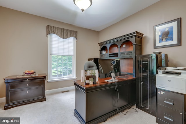 home office with light carpet