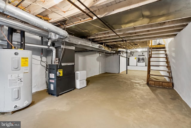 basement with water heater and heating unit