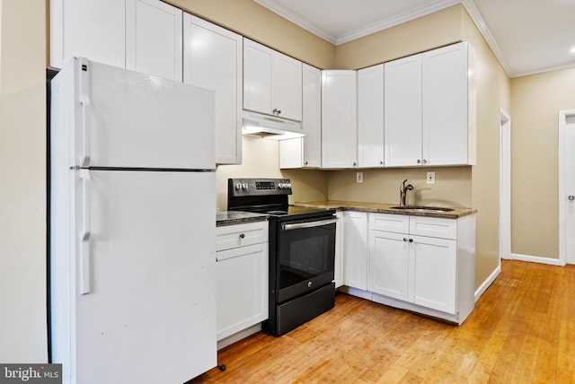 kitchen featuring light hardwood / wood-style floors, electric range, sink, white cabinets, and white fridge