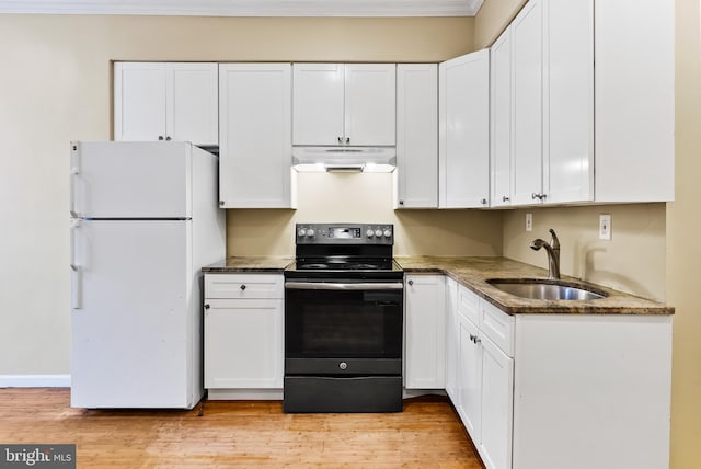 kitchen with white cabinets, sink, light hardwood / wood-style flooring, electric range, and white fridge