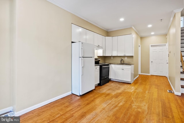 kitchen with white cabinetry, stainless steel range with electric cooktop, light wood-type flooring, crown molding, and white fridge