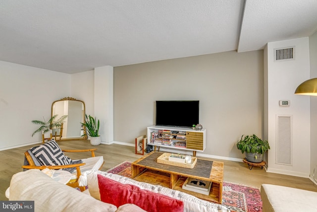 living room featuring wood-type flooring and a textured ceiling