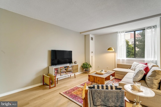 living room featuring a textured ceiling and hardwood / wood-style flooring