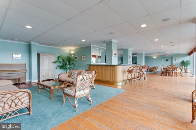 living room featuring crown molding, light hardwood / wood-style flooring, and a drop ceiling