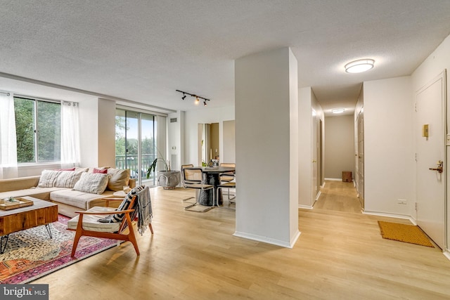 living room featuring light wood-type flooring, a textured ceiling, and track lighting