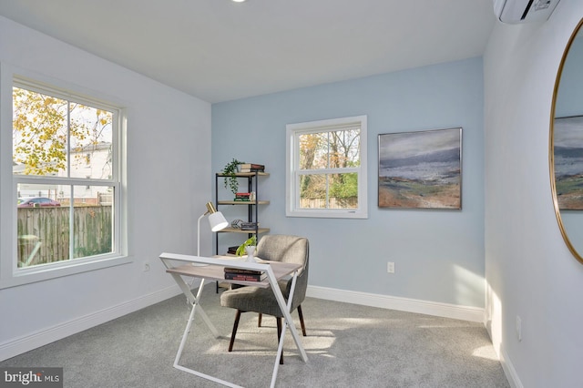 office space featuring carpet floors, plenty of natural light, and a wall mounted AC