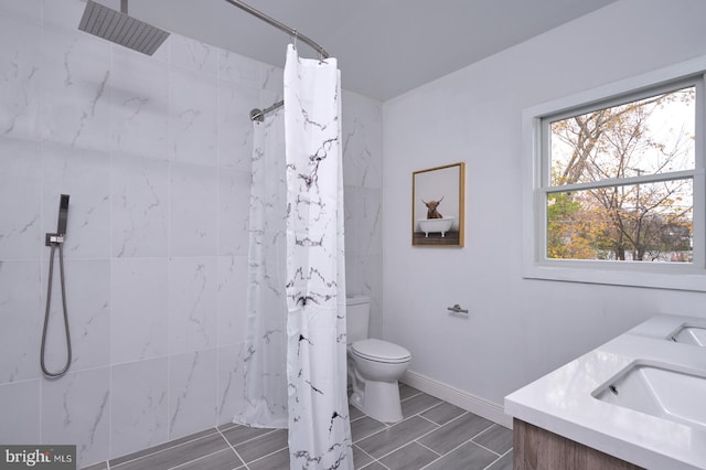 bathroom featuring toilet, vanity, and curtained shower