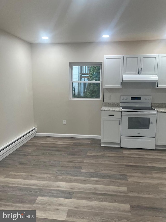 kitchen featuring white cabinetry, dark wood-type flooring, and electric range