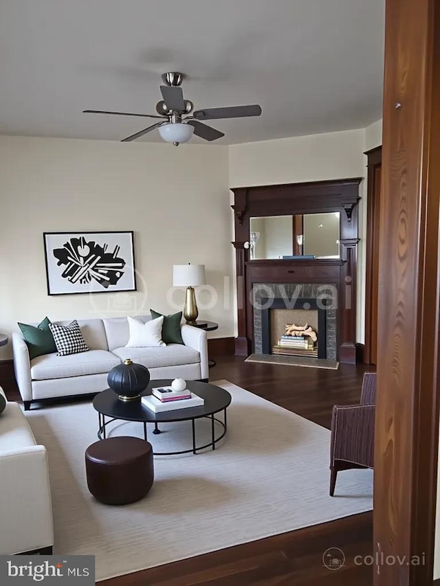 4124 New Hampshire Ave NW, Washington, DC 20011 - living area featuring wood finished floors, a premium fireplace, and a ceiling fan