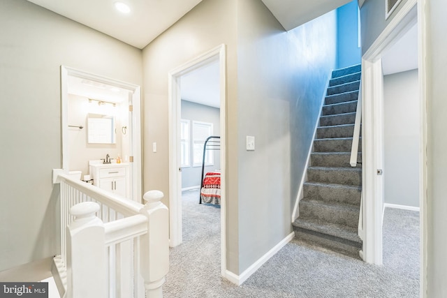 stairs featuring carpet flooring and sink