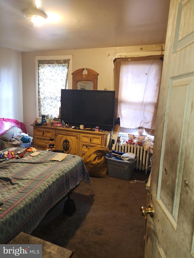 bedroom featuring radiator heating unit and carpet flooring