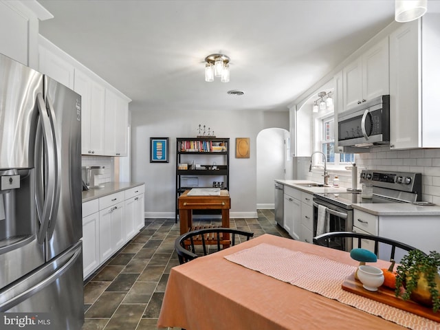 kitchen with white cabinetry, sink, stainless steel appliances, and tasteful backsplash