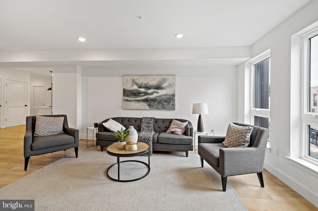 living room with plenty of natural light and light hardwood / wood-style floors