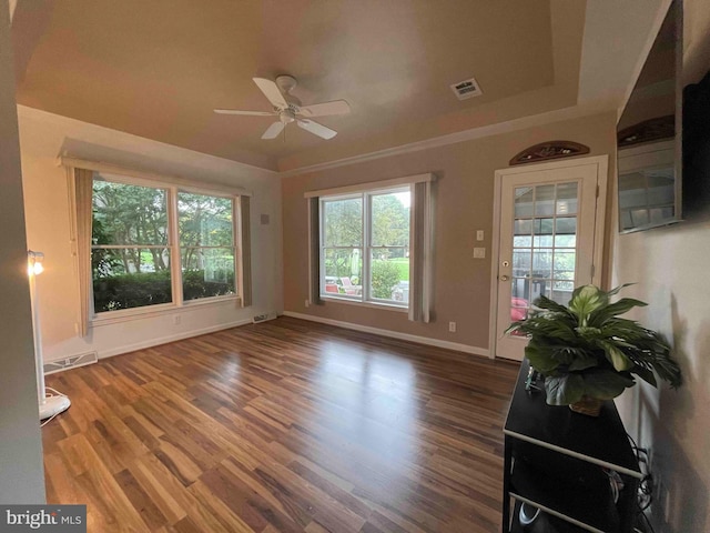 empty room featuring wood-type flooring and ceiling fan