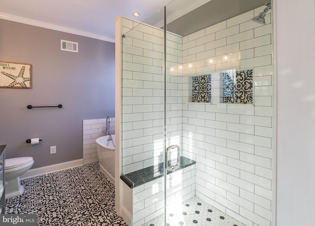 bathroom featuring ornamental molding, shower with separate bathtub, toilet, and tile patterned floors