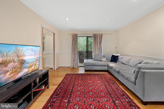 living room with ornamental molding and light hardwood / wood-style flooring