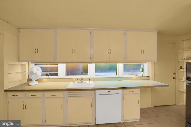 kitchen with white cabinets, dishwasher, light tile patterned floors, and sink