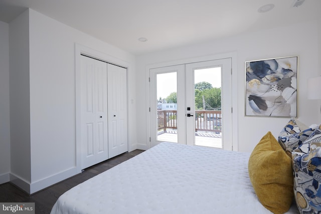 bedroom with french doors, a closet, access to outside, and dark hardwood / wood-style flooring