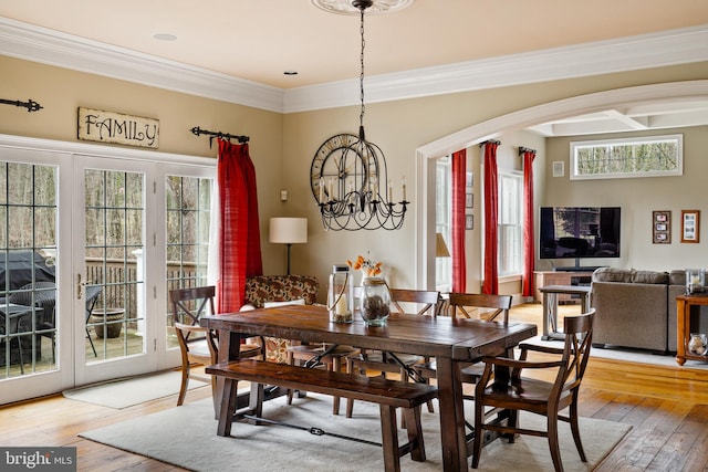 dining room featuring ornamental molding, a wealth of natural light, and wood-type flooring