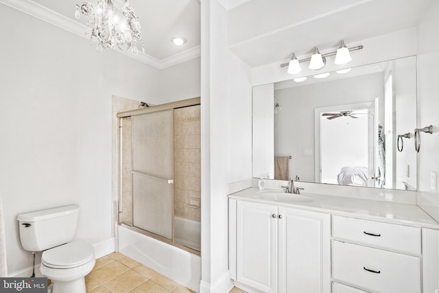 full bathroom with ceiling fan, enclosed tub / shower combo, vanity, tile patterned floors, and toilet