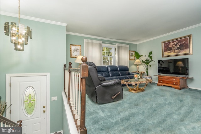 living room with carpet floors, ornamental molding, and an inviting chandelier