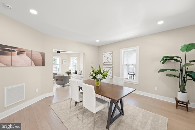 dining area featuring plenty of natural light, light wood-type flooring, and ceiling fan