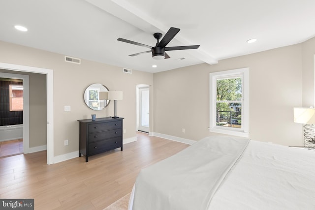 bedroom featuring light hardwood / wood-style floors, beam ceiling, and ceiling fan