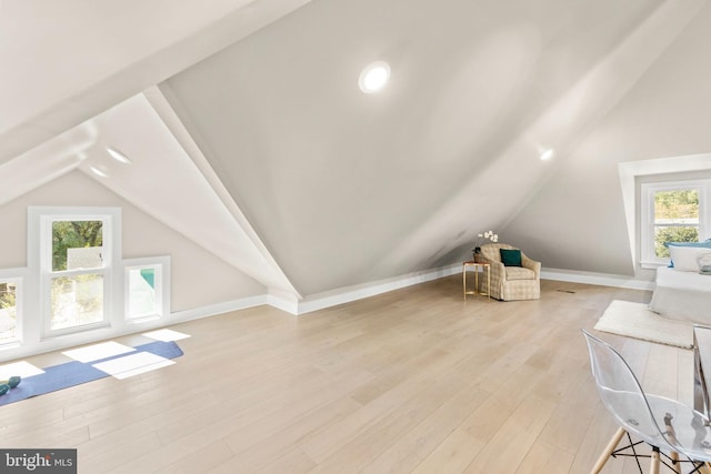 bonus room featuring vaulted ceiling, light wood-type flooring, and a healthy amount of sunlight