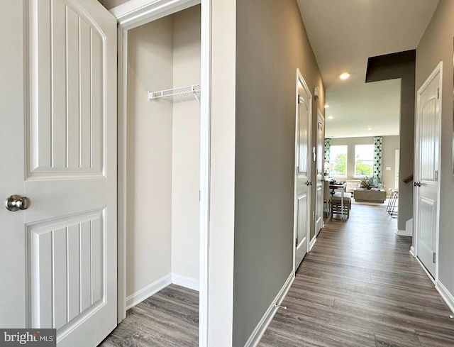 hall with dark wood-type flooring