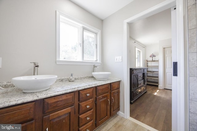 bathroom with wood-type flooring and vanity