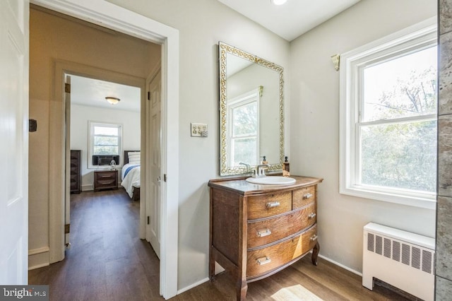 interior space featuring radiator, sink, and dark hardwood / wood-style flooring