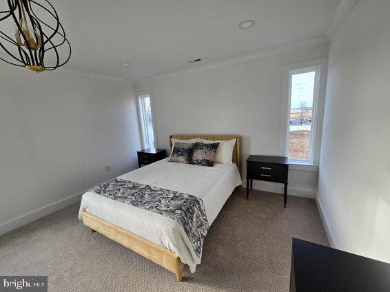 carpeted bedroom featuring crown molding