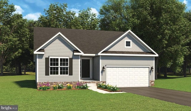 view of front facade with a front lawn, a garage, and aphalt driveway